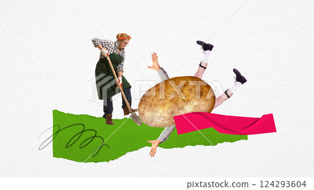 Woman digging oversized potato with human limbs sticking out on vibrant green field. Contemporary art collage. Harvesting and farming Woman digging oversized potato with human limbs sticking out on vibrant green field. Contemporary art collage. Harvesting and farming 124293604