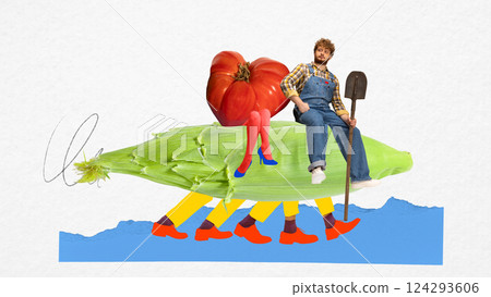 Farmer and tomato-headed figure riding giant walking corn with multiple legs on blue field. Contemporary art collage. Farming Farmer and tomato-headed figure riding giant walking corn with multiple legs on blue field. Contemporary art collage. Farming 124293606