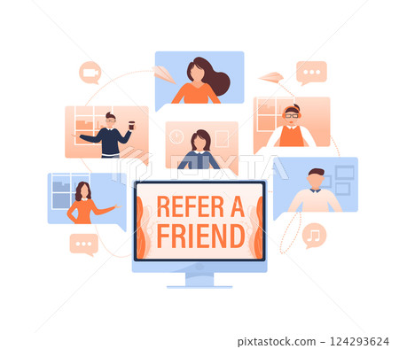 Template with refer a friend man holding megaphone on white background for flyer design. Vector illustration in flat style. 124293624