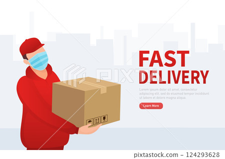 Flat icon with fast delivery people for mobile app design. Fast courier. Stay safe. Safe food delivery. Hand hygiene. Flat icon with fast delivery people for mobile app design. Fast courier. Stay safe. Safe food delivery. Hand hygiene. 124293628
