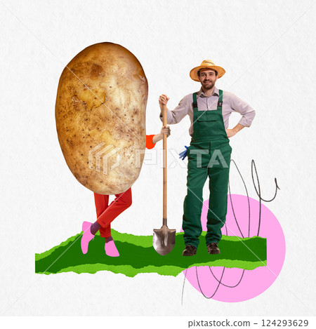 Farmer man standing next to giant walking potato with human legs on green field. Contemporary art collage. Concept of farming 124293629