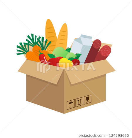 Food in box in cartoon style on white background. Food delivery. Vector flat cartoon illustration. 124293630