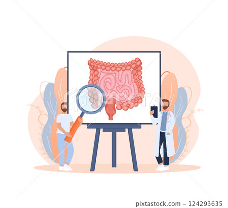 Cartoon vector illustration. Flat vector illustration with intestines, digestive system concept. Characters. 124293635