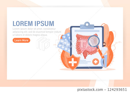 Cartoon vector illustration. Flat vector illustration with intestines, digestive system concept. Characters. 124293651