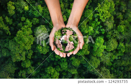 earth day and environment concept globe tree on hand green forest background earth day and environment concept globe tree on hand green forest background 124293735