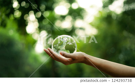 Environment and green world Green glass globe on hand green bokeh background 124293738