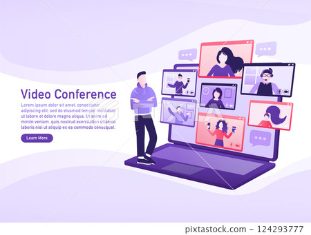 Flat illustration. Video conference. Video call between friends, chatting online by mobile app. Stay at home, work, communication remotely. Vector illustration. 124293777