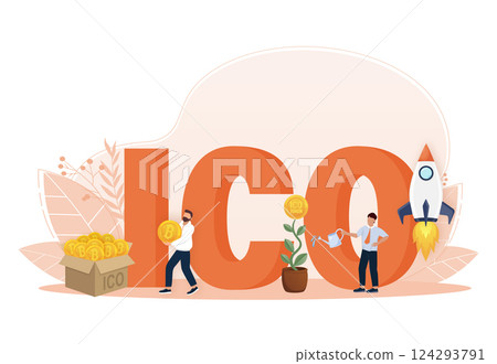 Initial coin offering, ICO Token production process vector illustration. Cryptocurrency trading desk, bitcoin futures, financial technology, blockchain ICO abstract metaphor. 124293791