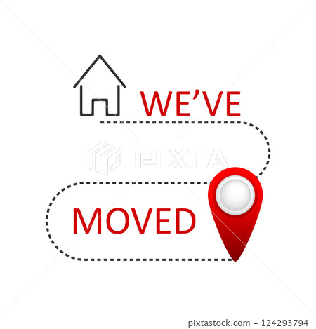 We have moved. Sign in flat style with pin. Vector illustration isolated on white background. 124293794