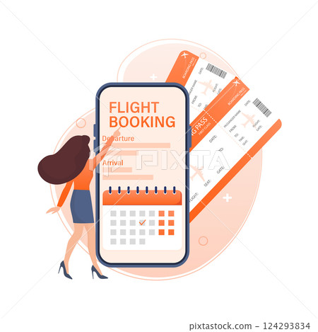 Flyer design for promotion design. Flight tickets online booking illustration landing page. Flat design vector illustration. Travel vector icon. 124293834