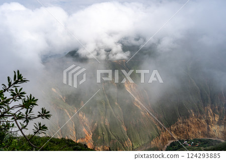 Colca Canyon and river in the mist and clouds, Peru 124293885