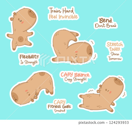 Cute capybara sportsman stickers collection. Funny isolated Cartoon kawaii animal plays sports and stretching, yogi with motivational quote. Vector illustration. Kids collection Cute capybara sportsman stickers collection. Funny isolated Cartoon kawaii animal plays sports and stretching, yogi with motivational quote. Vector illustration. Kids collection 124293933