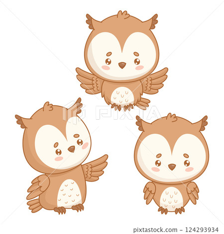 Cute cartoon Owl bird set. Isolated wise kawaii character. Vector illustration. Kids collection. 124293934