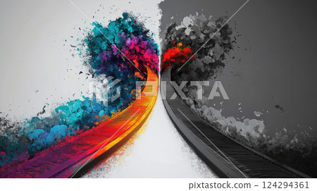 Abstract illustration depicting two paths - gray and bright multicolor. An autism-themed concept 124294361