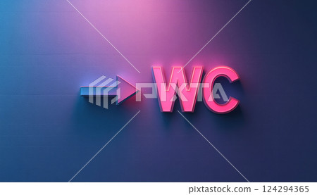 Pink letters WC on a purple background with a backlight and an arrow pointing to the bathroom in a nightclub. 124294365