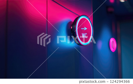 The letters WC are in a purple circle with a backlight and an arrow pointing to the toilet in the night bar. 124294366