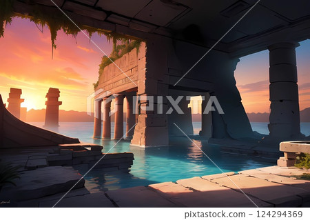 Game background: Cityscape of ancient civilization ruins and the sea at dusk 124294369