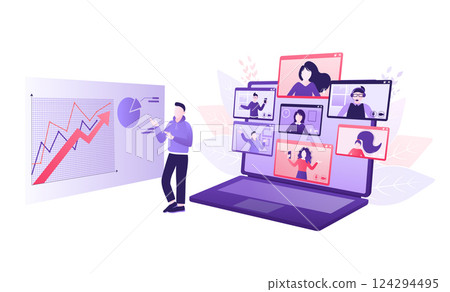 Cartoon online teaching for web design. Cartoon character. Web design. Character for web marketing design. Vector illustration. 124294495