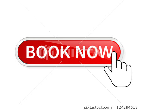 Book now, great design for any purposes. Illustration, vector. Vector background. Hand click icon. Book now, great design for any purposes. Illustration, vector. Vector background. Hand click icon. 124294515