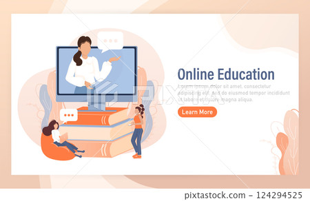 Flat icon with online education. Character for web marketing design. Technology concept. Vector illustration. Flat icon with online education. Character for web marketing design. Technology concept. Vector illustration. 124294525