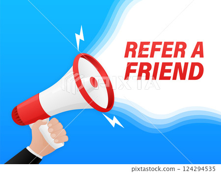 Refer a friend megaphone on white background for flyer design. Vector illustration in flat style. 124294535