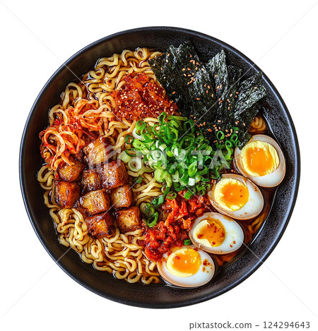 Delicious ramen bowl with eggs, seaweed, and colorful toppings. Photo realistic Delicious ramen bowl with eggs, seaweed, and colorful toppings. Photo realistic 124294643