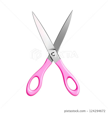 Stylish pink scissors with shiny blades, perfect for creative tasks. Photo realistic 124294672