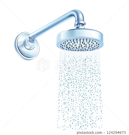 Stylish showerhead with water streaming for a refreshing bath. Photo realistic 124294673