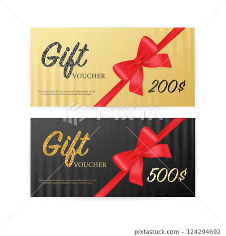Greeting card. Vintage Coupon ticket card. ribbon banner with golden gift voucher on gold background for concept design. Vector design template. Gift voucher. Greeting card. Vintage Coupon ticket card. ribbon banner with golden gift voucher on gold background for concept design. Vector design template. Gift voucher. 124294692