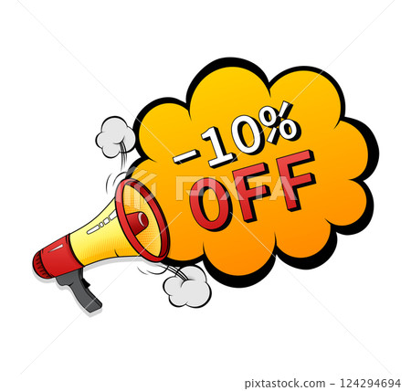 10 percent off. Comic illustration. Discount tag. Percent sign. Vector illustration on white background. 10 percent off. Comic illustration. Discount tag. Percent sign. Vector illustration on white background. 124294694