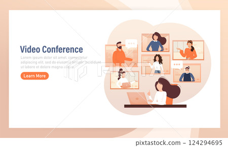 Flat illustration. Video conference. Video call between friends, chatting online by mobile app. Stay at home, work, communication remotely. Vector illustration. 124294695
