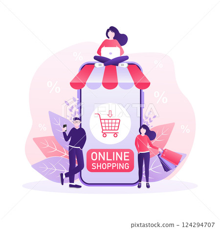 Line shopping people, great design for any purposes. Phone icon vector. Cartoon flat vector illustration. Online delivery phone concept. Line shopping people, great design for any purposes. Phone icon vector. Cartoon flat vector illustration. Online delivery phone concept. 124294707