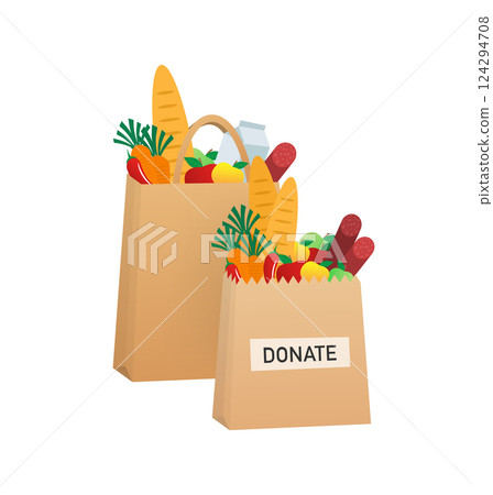 Cartoon food donation for flyer design. Food in carton package. Cartoon poster with food donation for banner design. Vector illustration. 124294708