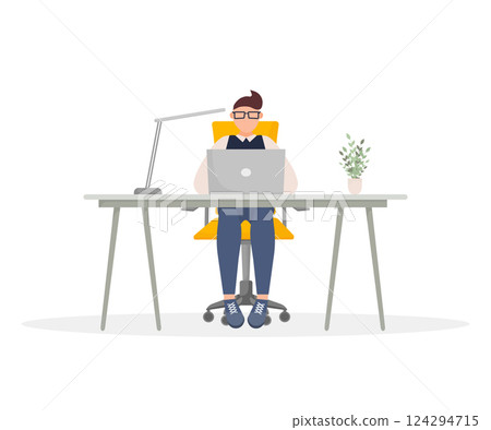 Remote work. Business people office work. Vector illustration, flat design. Cartoon man sitting on the table with laptop isolated on white background. 124294715