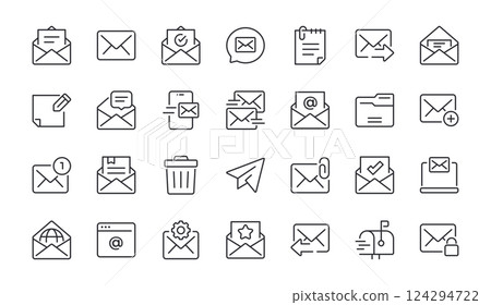 Set of Mail Line Icons. Envelope, Mailbox, Address Newsletter. Editable Stroke. Pixel Perfect. Set of Mail Line Icons. Envelope, Mailbox, Address Newsletter. Editable Stroke. Pixel Perfect. 124294722