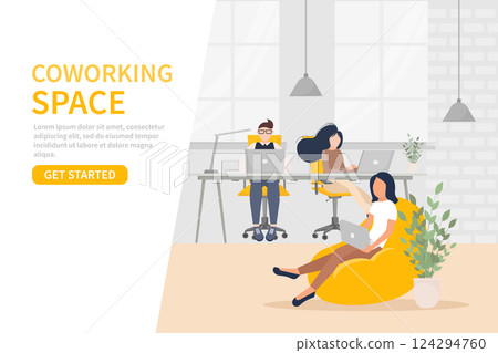 Coworking space illustration. Business people teamwork. Vector flat design. Business people office work. Remote work. 124294760
