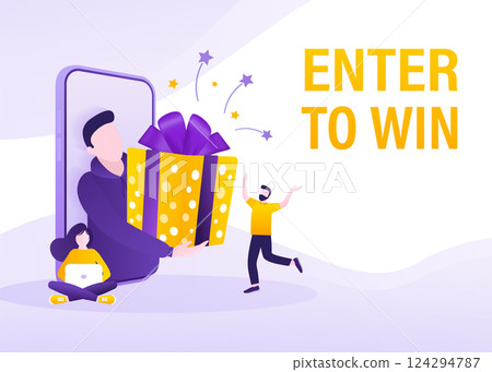 Cartoon character enter to win prizes. Holiday banner. Vector design banner. Win prize. Vector illustration. Cartoon character enter to win prizes. Holiday banner. Vector design banner. Win prize. Vector illustration. 124294787