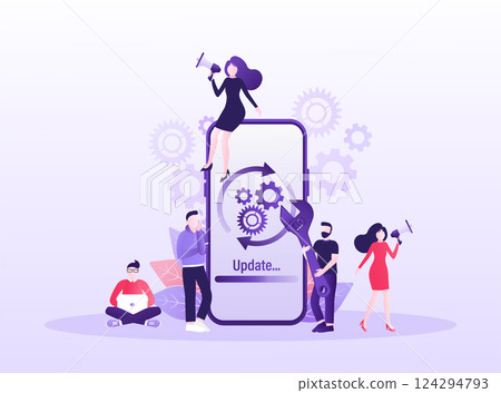 Cartoon software update people for mobile app design. Isometric vector illustration. Mobile application design. Technology network vector illustration. 124294793