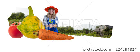 Smiling woman holding small plant pot between oversized carrot, tomato and pattypan squash. Contemporary collage. Smiling woman holding small plant pot between oversized carrot, tomato and pattypan squash. Contemporary collage. 124294824