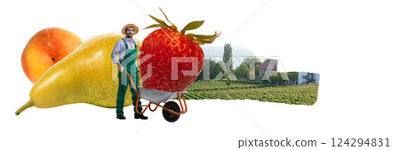 Man pushing wheelbarrow with giant strawberry beside pear and peach in vineyard. Surreal garden collage Man pushing wheelbarrow with giant strawberry beside pear and peach in vineyard. Surreal garden collage 124294831