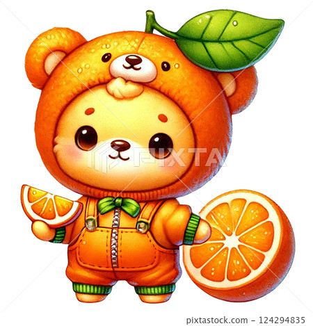 Adorable bear character in orange outfit holding oranges. Animal cartoo0 character 124294835