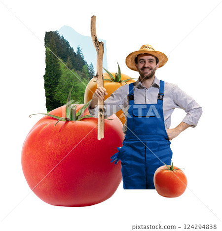 Cheerful man, farmer with wooden stick posing by oversized tomatoes and forest view. Surreal collage. Cheerful man, farmer with wooden stick posing by oversized tomatoes and forest view. Surreal collage. 124294838