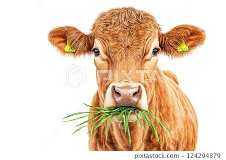 Cute brown cow with grass in mouth standing Cute brown cow with grass in mouth standing 124294879