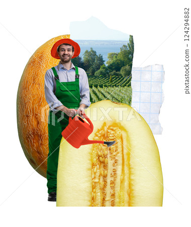 Smiling man, gardener with red hat watering massive melon slice in sunlit field. Modern collage art. Farming Smiling man, gardener with red hat watering massive melon slice in sunlit field. Modern collage art. Farming 124294882