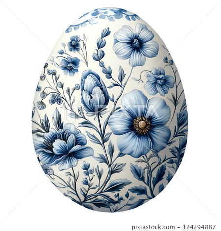 Delicate floral patterns on a decorative blue egg design. 124294887