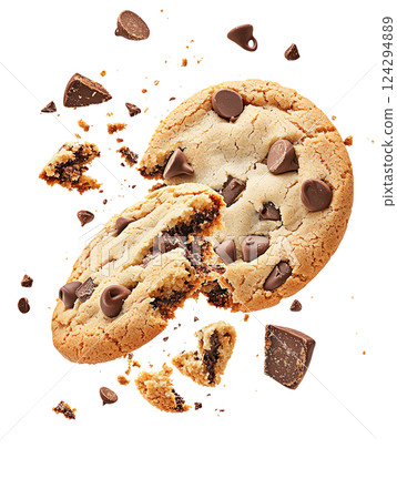 Delicious chocolate chip cookie broken in pieces with sprinkles. 124294889