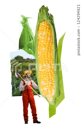 Gardener man holding shovel standing beside oversized corn cob in green garden. Contemporary collage. Gardener man holding shovel standing beside oversized corn cob in green garden. Contemporary collage. 124294921