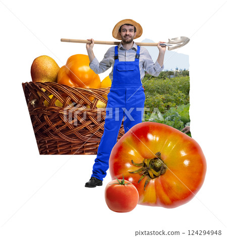 Gardener man in blue overalls posing with shovel near basket of pears and tomatoes. Contemporary collage. Gardening and farming 124294948