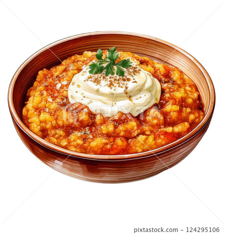 Delicious bowl of creamy tomato soup topped with herbs. watercolor food clipart 124295106