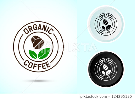 Organic coffee icon design illustration, eco friendly coffee, Organic coffee sign, Color black and white Organic coffee icon design illustration, eco friendly coffee, Organic coffee sign, Color black and white 124295150